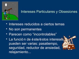 Intereses Particulares y Obsesiones


•   Intereses reducidos a ciertos temas
•   No son permanentes
•   Parecen como “incontrolables”
•   La funció n de é ste/é stos intereses
    pueden ser varias: pasatiempo,
    seguridad, reductor de ansiedad,
    relajamiento...
 