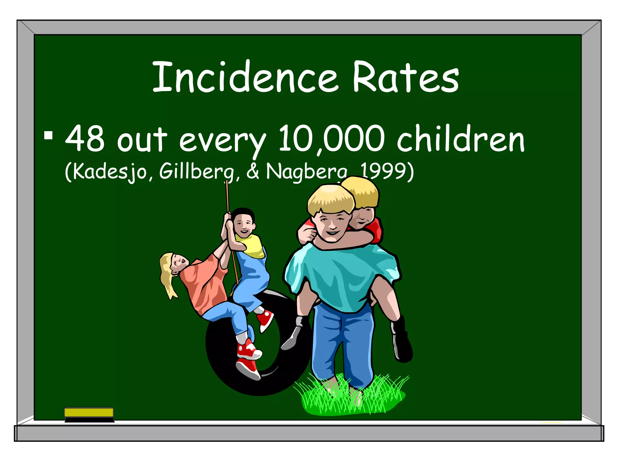 Incidence Rates
 48 out every 10,000 children
(Kadesjo, Gillberg, & Nagberg, 1999)
 
