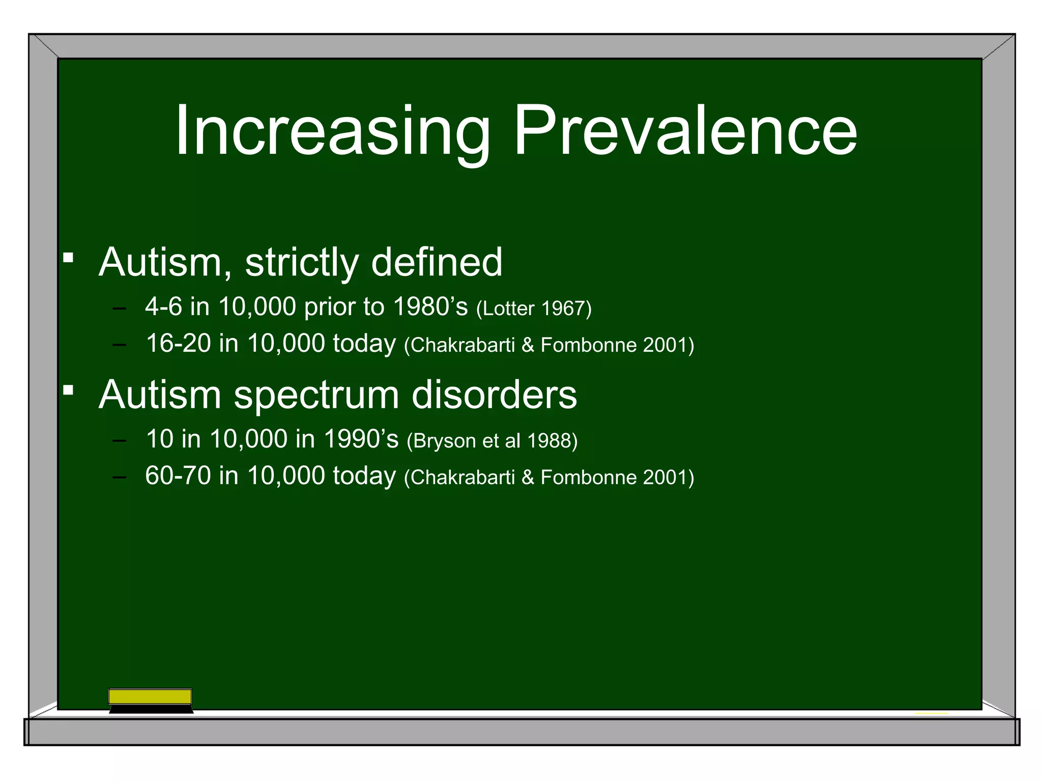 Increasing Prevalence
 Autism, strictly defined
– 4-6 in 10,000 prior to 1980’s (Lotter 1967)
– 16-20 in 10,000 today (Chakrabarti & Fombonne 2001)
 Autism spectrum disorders
– 10 in 10,000 in 1990’s (Bryson et al 1988)
– 60-70 in 10,000 today (Chakrabarti & Fombonne 2001)
 