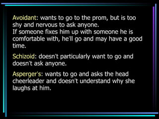 Avoidant : wants to go to the prom, but is too shy and nervous to ask anyone. If someone fixes him up with someone he is comfortable with, he ’ ll go and may have a good time. Schizoid : doesn ’ t particularly want to go and doesn ’ t ask anyone. Asperger ’ s : wants to go and asks the head cheerleader and doesn ’ t understand why she laughs at him. 