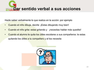 Dar sentido verbal a sus acciones
Hazle saber verbalmente lo que realiza en la acción: por ejemplo
• Cuando el niño dibuja, decirle :¡Estas dibujando muy bien!
• Cuando el niño grita: estas gritando y ¡necesitas hablar más quedito!
• Cuando el alumno le quita los útiles escolares a sus compañeros: le estas
quitando los útiles a tu compañero y el los necesita
23
 