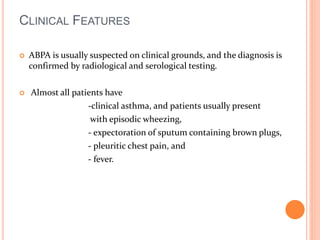 CLINICAL FEATURES 
 ABPA is usually suspected on clinical grounds, and the diagnosis is 
confirmed by radiological and serological testing. 
 Almost all patients have 
-clinical asthma, and patients usually present 
with episodic wheezing, 
- expectoration of sputum containing brown plugs, 
- pleuritic chest pain, and 
- fever. 
 