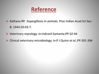 Reference
 Asthana RP. Aspergillosis in animals. Proc Indian Acad Sci Sec-
B. 1944:20:43-7.
 Veterinary mycology. In:Indranil Samanta.PP:32-44
 Clinical veterinary microbiology. In:P J Quinn et al.,PP:391-394
 