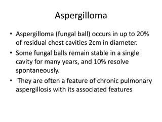 Aspergilloma
• Aspergilloma (fungal ball) occurs in up to 20%
of residual chest cavities 2cm in diameter.
• Some fungal balls remain stable in a single
cavity for many years, and 10% resolve
spontaneously.
• They are often a feature of chronic pulmonary
aspergillosis with its associated features
 