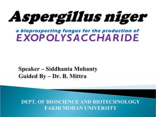 a bioprospecting fungus for the production of  EXOPOLYSACCHARIDE Speaker – Siddhanta Mohanty Guided By – Dr. B. Mittra DEPT. OF BIOSCIENCE AND BIOTECHNOLOGY FAKIR MOHAN UNIVERSITY 
