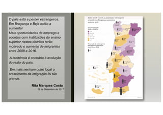 O país está a perder estrangeiros.
Em Bragança e Beja estão a
aumentar
Mais oportunidades de emprego e
acordos com instituições do ensino
superior nestes distritos terão
motivado o aumento de imigrantes
entre 2008 e 2016.
A tendência é contrária à evolução
do resto do país.
Em mais nenhum outro local o
crescimento da imigração foi tão
grande.
Rita Marques Costa
26 de Dezembro de 2017
 