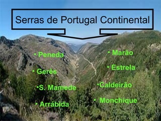 Serras de Portugal Continental


    • Peneda         • Marão

                    • Estrela
   • Gerês

    •S. Mamede    •Caldeirão

                 • Monchique
    • Arrábida
 