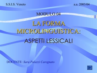 LA FORMA MICROLINGUISTICA: ASPETTI LESSICALI S.S.I.S. Veneto a.a. 2003/04 DOCENTE:  Sara   Palazzi   Caregnato MODULO 04 