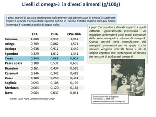 EPA DHA EPA+DHA
Salmone 1,008 0,944 1,952
Aringa 0,709 0,862 1,571
Acciuga 0,538 0,911 1,449
Sgombro 0,329 1,012 1,341
Trota 0,260 0,668 0,928
Pesce spada 0,108 0,531 0,639
Branzino 0,161 0,434 0,595
Calamari 0,146 0,342 0,488
Cozze 0,188 0,253 0,441
Sogliola 0,093 0,106 0,199
Merluzzo 0,064 0,120 0,184
Uova 0,004 0,037 0,041
Fonte: USDA Food Composition Data 2010
I pesci marini di cattura contengono solitamente una percentuale di omega-3 superiore
rispetto ai pesci d’acqua dolce: questo perché le catene trofiche marine sono più ricche
in omega-3 rispetto a quelle di acqua dolce.
Livelli di omega-3 in diversi alimenti (g/100g)
I pesci d’acqua dolce allevati rispetto a quelli
catturati generalmente presentano un
maggiore contenuto di acidi grassi polinsaturi
della serie omega-6 e minore di omega-3.
Questo perché nella formulazione dei
mangimi commerciali per le specie ittiche
allevate vengono utilizzati farine e oli di
origine vegetale che contengono un’elevata
percentuale di acidi grassi omega-6.
Distribuzione olio di fegato di
merluzzo (a.s. 1949-50)
www.museodellascuola.it/omega-3/
 