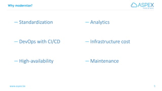 www.aspex.be 5
Why modernize?
5
— Standardization
— DevOps with CI/CD
— High-availability
— Analytics
— Infrastructure cos...