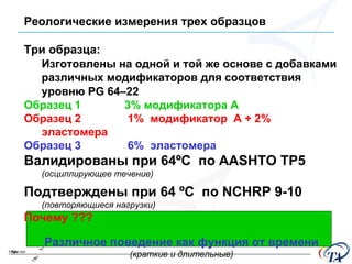 Реологические измерения трех образцов Три образца :  Изготовлены на одной и той же основе с добавками различных модификаторов для соответствия уровню  PG 64–22   Образец 1   3%  модификатора  A Образец  2  1%  модификатор  A + 2%  эластомера Образец  3  6%  эластомера Валидированы при  64 º C  по  AASHTO TP5  ( осциллирующее течение ) Подтверждены при  64  º C  по  NCHRP 9-10  ( повторяющиеся нагрузки ) Почему   ???   Различное поведение как функция от времени ( краткие и длительные ) 