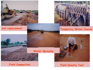 Soil replacement Temporary Water Course
Field Compaction Field Density Test
Water Spraying
 