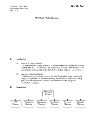 Document /Version: QM/01 ABC CO., Ltd.
Effective Date: 9 May 2006
Page 3 of 16
ABC Quality Policy Statement
1. Introduction
1.1 Purpose of Quality Manual
The purpose of this Quality Manual is to outline the Quality Management Systems
used by ABC Co., Ltd. to manage the quality of its products. ABC business is the
manufacturer and sales of a range of products including medicines and cosmetics.
1.2 Scope of the Quality Manual
This manual covers the quality system that ABC has in place for the commercial
supply of its products. It refers to supporting documentation, procedures, quality
plans and work instructions associated with the manufacture, storage and
distribution of product.
2. Organization
Managing
Director
QA
Manager
Production
Manager
Engineering
Manager
Regulatory
Manager
Personnel
Manager
Financial
Manager
 