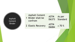 Asphalt
Cement
Binder
1
Asphalt Cement
Binder shall be
confrom
ASTM
D6373
As per
Standard
2 Elastic Recovery
ASTM
D6084
≥ 70 %
 