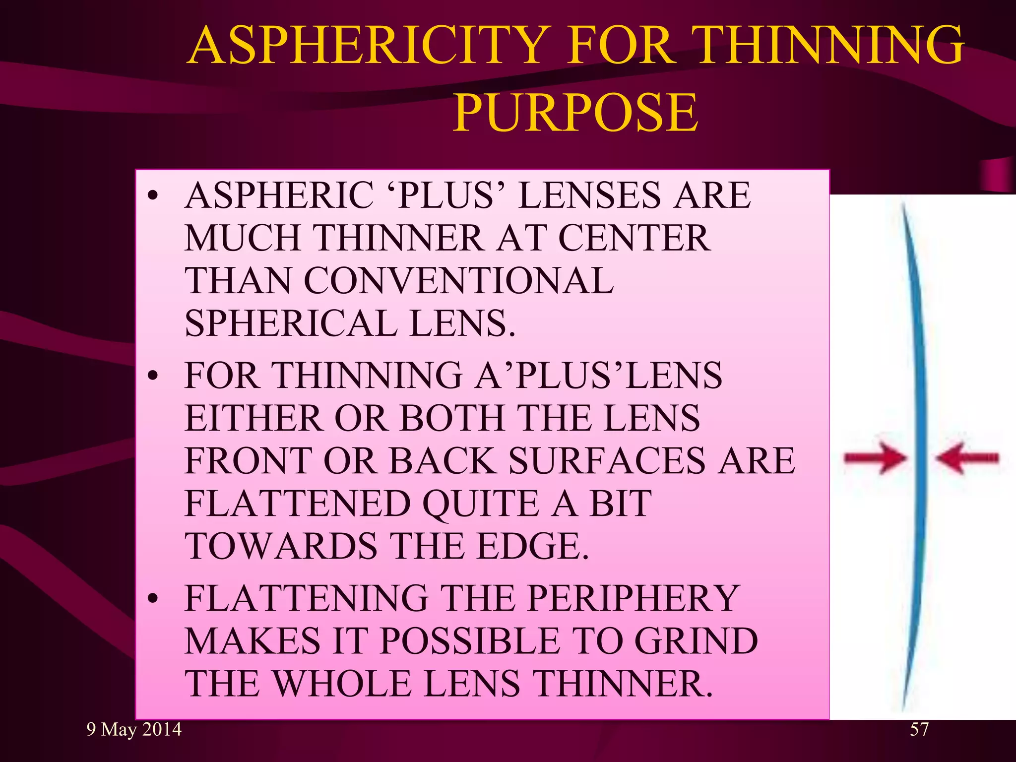 ASPHERICITY FOR THINNING
PURPOSE
• ASPHERIC „PLUS‟ LENSES ARE
MUCH THINNER AT CENTER
THAN CONVENTIONAL
SPHERICAL LENS.
• FOR THINNING A‟PLUS‟LENS
EITHER OR BOTH THE LENS
FRONT OR BACK SURFACES ARE
FLATTENED QUITE A BIT
TOWARDS THE EDGE.
• FLATTENING THE PERIPHERY
MAKES IT POSSIBLE TO GRIND
THE WHOLE LENS THINNER.
9 May 2014 57
 