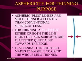 ASPHERICITY FOR THINNING
PURPOSE
• ASPHERIC ‘PLUS’ LENSES ARE
MUCH THINNER AT CENTER
THAN CONVENTIONAL
SPHERICAL LENS.
• FOR THINNING A’PLUS’LENS
EITHER OR BOTH THE LENS
FRONT OR BACK SURFACES ARE
FLATTENED QUITE A BIT
TOWARDS THE EDGE.
• FLATTENING THE PERIPHERY
MAKES IT POSSIBLE TO GRIND
THE WHOLE LENS THINNER.
4 June 2014 57
 