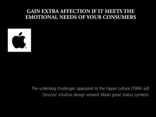 The underdog challenger appealed to the hippie culture (1984 ad)
      Devices’ intuitive design wowed. Made great status symbols.
 
