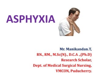 ASPHYXIA
Mr. Manikandan.T,
RN., RM., M.Sc(N)., D.C.A .,(Ph.D)
Research Scholar,
Dept. of Medical Surgical Nursing,
VMCON, Puducherry.
 