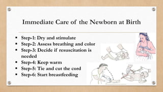 Immediate Care of the Newborn at Birth
 Step-1: Dry and stimulate
 Step-2: Assess breathing and color
 Step-3: Decide if resuscitation is
needed
 Step-4: Keep warm
 Step-5: Tie and cut the cord
 Step-6: Start breastfeeding
 