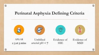 Perinatal Asphyxia Defining Criteria
APGAR
≤ 3 at 5 mins
Umbilical
arterial pH < 7
Evidence of
HIE
Evidence of
MSD
 