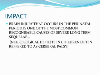IMPACT
 BRAIN INJURY THAT OCCURS IN THE PERINATAL
PERIOD IS ONE OF THE MOST COMMON
RECOGNISABLE CAUSES OF SEVERE LONG TERM
SEQUELAE…
{NEUROLOGICAL DEFICITS IN CHILDREN OFTEN
REFFERED TO AS CEREBRAL PALSY}
 