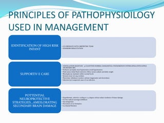 PRINCIPLES OF PATHOPHYSIOILOGY
USED IN MANAGEMENT
• CO ORDINATE WITH OBSTRETRIC TEAM
• NEWBORN RESUCITATION
IDENTIFICATION OF HIGH RISK
INFANT
• VENTILLATION MAINTAIN p CO2WITHIN NORMAL RANGE(STEAL PHENOMENON HYPERCAPNIA,HYPOCAPNIA
DECREASES CBF)
• Perfusion promptly treat hypotension avoid hypertension
• Fluid status initial fluid restriction follow serum sodium and daily weight
• Blood glucose maintain within normal levels
• Seizures treat wit eeg corelates
• Electrolyte imbalance monitor calcium magnesuim and electrolytes
• Infection lp in suspected cases of cns infection
SUPPORTIV E CARE
• Hypothermia…selective cooling to 2-4 degree celcius reduce incidence if tissue damage
• O2 free radical scavenger,inhibitors
• Eaa antagonists
• Prevention of no formation
• Ca channel blockers
POTTENTIAL
NEUROPROTECTIVE
STRATEGIES…AMEILORATING
SECONDARY BRAIN DAMAGE
 