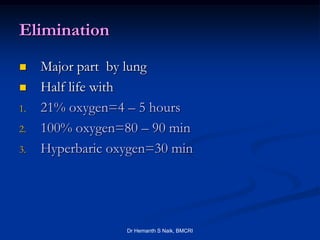Elimination
    Major part by lung
    Half life with
1.   21% oxygen=4 – 5 hours
2.   100% oxygen=80 – 90 min
3.   Hyperbaric oxygen=30 min




                  Dr Hemanth S Naik, BMCRI
 