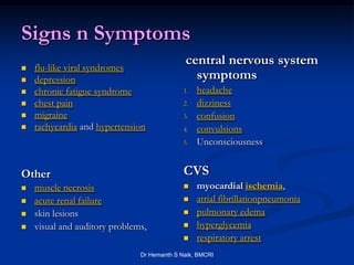 Signs n Symptoms
   flu-like viral syndromes
                                             central nervous system
   depression                                 symptoms
   chronic fatigue syndrome                 1.   headache
   chest pain                               2.   dizziness
   migraine                                 3.   confusion
   tachycardia and hypertension             4.   convulsions
                                             5.   Unconsciousness


Other                                        CVS
   muscle necrosis                              myocardial ischemia,
   acute renal failure                          atrial fibrillationpneumonia
   skin lesions                                 pulmonary edema
   visual and auditory problems,                hyperglycemia
                                                 respiratory arrest
                               Dr Hemanth S Naik, BMCRI
 