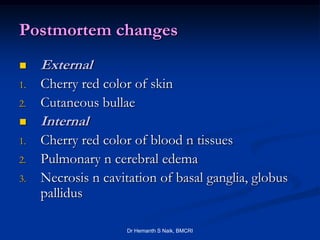 Postmortem changes
    External
1.   Cherry red color of skin
2.   Cutaneous bullae
    Internal
1.   Cherry red color of blood n tissues
2.   Pulmonary n cerebral edema
3.   Necrosis n cavitation of basal ganglia, globus
     pallidus

                     Dr Hemanth S Naik, BMCRI
 