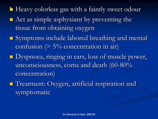 . Heavy colorless gas with a faintly sweet odour


 Act as simple asphyxiant by preventing the
  tissue from obtaining oxygen
 Symptoms include labored breathing and mental
  confusion (> 5% concentration in air)
 Dyspnoea, ringing in ears, loss of muscle power,
  unconsciousness, coma and death (60-80%
  concentration)
 Treatment: Oxygen, artificial respiration and
  symptomatic

                   Dr Hemanth S Naik, BMCRI
 
