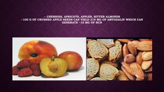 -- CHERRIES, APRICOTS, APPLES, BITTER ALMONDS
--100 G OF CRUSHED APPLE SEEDS CAN YIELD 219 MG OF AMYGDALIN WHICH CAN
GENERATE ~10 MG OF HCN
 