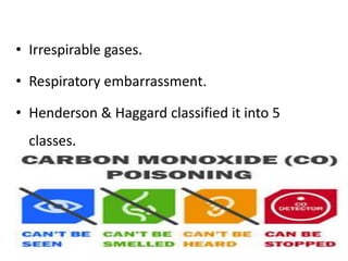 • Irrespirable gases.
• Respiratory embarrassment.
• Henderson & Haggard classified it into 5
classes.
 