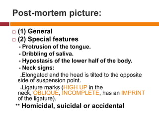 Post-mortem picture:(1) General(2) Specialfeatures    - Protrusion of the tongue.    - Dribbling of saliva.    - Hypostasis of the lowerhalf of the body.    - Neck signs:     .Elongated and the headistilted to the opposite side of suspension point.     .Ligature marks (HIGH UP in the neck, OBLIQUE, INCOMPLETE, has an IMPRINT of the ligature).  ** Homicidal, suicidal or accidental