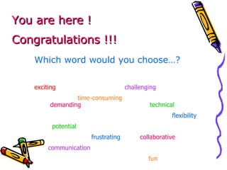 You are here ! Congratulations !!!   Which word would you choose…?  exciting   challenging   time-consuming   demanding  technical flexibility  potential  frustrating  collaborative  communication fun     