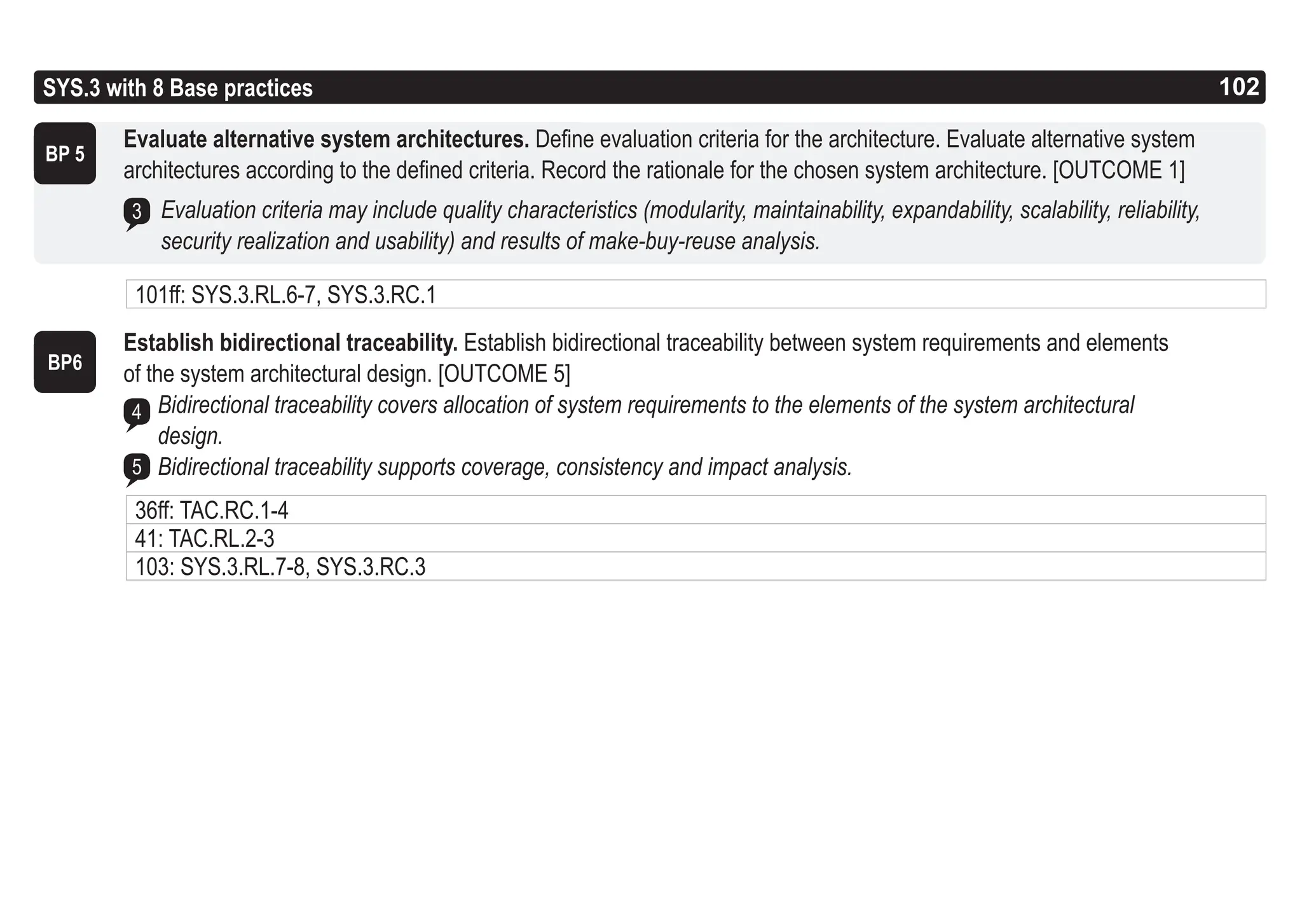 102
ASPICE GUIDE
Evaluate alternative system architectures. Define evaluation criteria for the architecture. Evaluate alternative system
architectures according to the defined criteria. Record the rationale for the chosen system architecture. [OUTCOME 1]
Evaluation criteria may include quality characteristics (modularity, maintainability, expandability, scalability, reliability,
security realization and usability) and results of make-buy-reuse analysis.
Establish bidirectional traceability. Establish bidirectional traceability between system requirements and elements
of the system architectural design. [OUTCOME 5]
Bidirectional traceability covers allocation of system requirements to the elements of the system architectural
design.
Bidirectional traceability supports coverage, consistency and impact analysis.
SYS.3 with 8 Base practices
BP6
4
5
102
BP 5
3
101ff: SYS.3.RL.6-7, SYS.3.RC.1
36ff: TAC.RC.1-4
41: TAC.RL.2-3
103: SYS.3.RL.7-8, SYS.3.RC.3
 