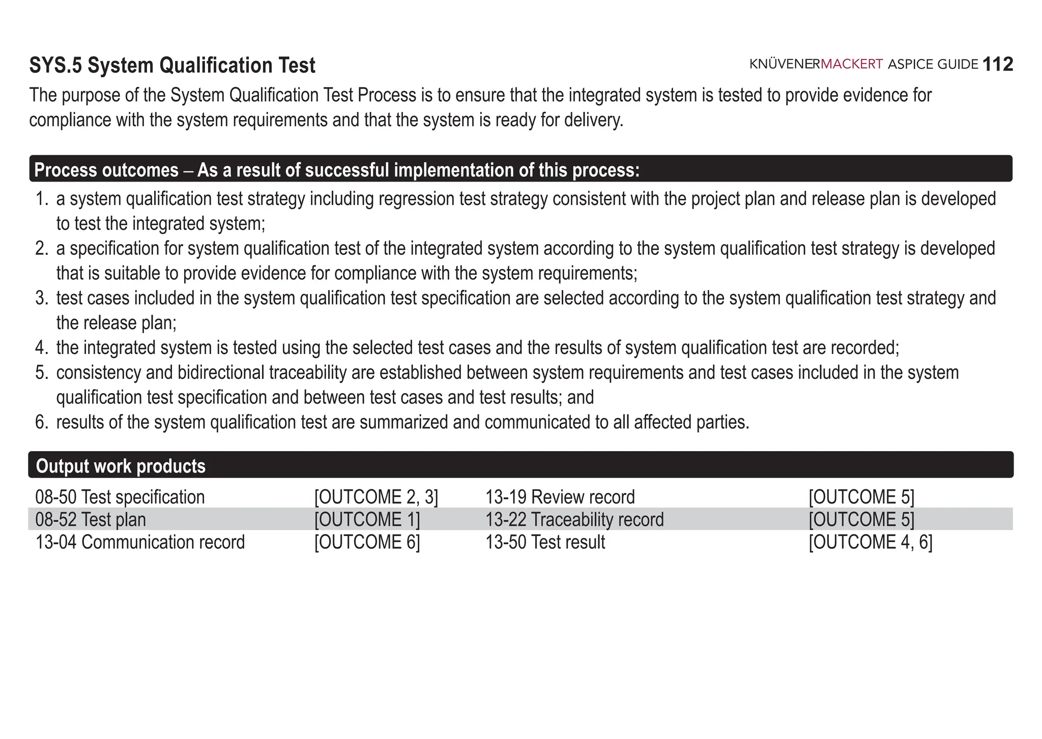 112
ASPICE GUIDE
SYS.5 System Qualification Test
The purpose of the System Qualification Test Process is to ensure that the integrated system is tested to provide evidence for
compliance with the system requirements and that the system is ready for delivery.
Process outcomes – As a result of successful implementation of this process:
1. a system qualification test strategy including regression test strategy consistent with the project plan and release plan is developed
to test the integrated system;
2. a specification for system qualification test of the integrated system according to the system qualification test strategy is developed
that is suitable to provide evidence for compliance with the system requirements;
3. test cases included in the system qualification test specification are selected according to the system qualification test strategy and
the release plan;
4. the integrated system is tested using the selected test cases and the results of system qualification test are recorded;
5. consistency and bidirectional traceability are established between system requirements and test cases included in the system
qualification test specification and between test cases and test results; and
6. results of the system qualification test are summarized and communicated to all affected parties.
Output work products
08-50 Test specification [OUTCOME 2, 3] 13-19 Review record [OUTCOME 5]
08-52 Test plan [OUTCOME 1] 13-22 Traceability record [OUTCOME 5]
13-04 Communication record [OUTCOME 6] 13-50 Test result [OUTCOME 4, 6]
 