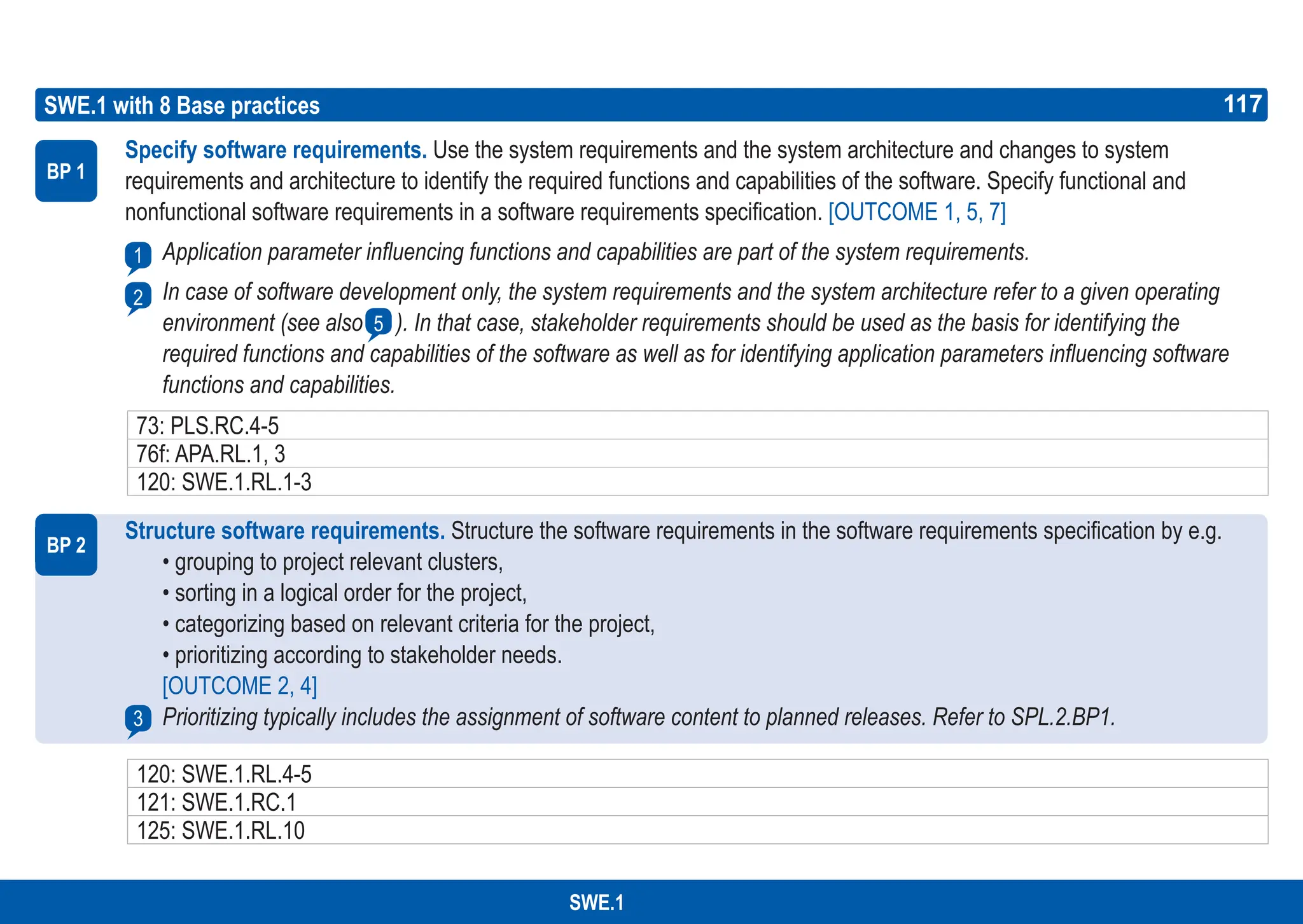 117
ASPICE GUIDE
SWE.1 with 8 Base practices
BP 1
1
2
5
117
SWE.1
BP 2
3
Specify software requirements. Use the system requirements and the system architecture and changes to system
requirements and architecture to identify the required functions and capabilities of the software. Specify functional and
nonfunctional software requirements in a software requirements specification. [OUTCOME 1, 5, 7]
Application parameter influencing functions and capabilities are part of the system requirements.
In case of software development only, the system requirements and the system architecture refer to a given operating
environment (see also ). In that case, stakeholder requirements should be used as the basis for identifying the
required functions and capabilities of the software as well as for identifying application parameters influencing software
functions and capabilities.
Structure software requirements. Structure the software requirements in the software requirements specification by e.g.
• grouping to project relevant clusters,
• sorting in a logical order for the project,
• categorizing based on relevant criteria for the project,
• prioritizing according to stakeholder needs.
[OUTCOME 2, 4]
Prioritizing typically includes the assignment of software content to planned releases. Refer to SPL.2.BP1.
73: PLS.RC.4-5
76f: APA.RL.1, 3
120: SWE.1.RL.1-3
120: SWE.1.RL.4-5
121: SWE.1.RC.1
125: SWE.1.RL.10
 