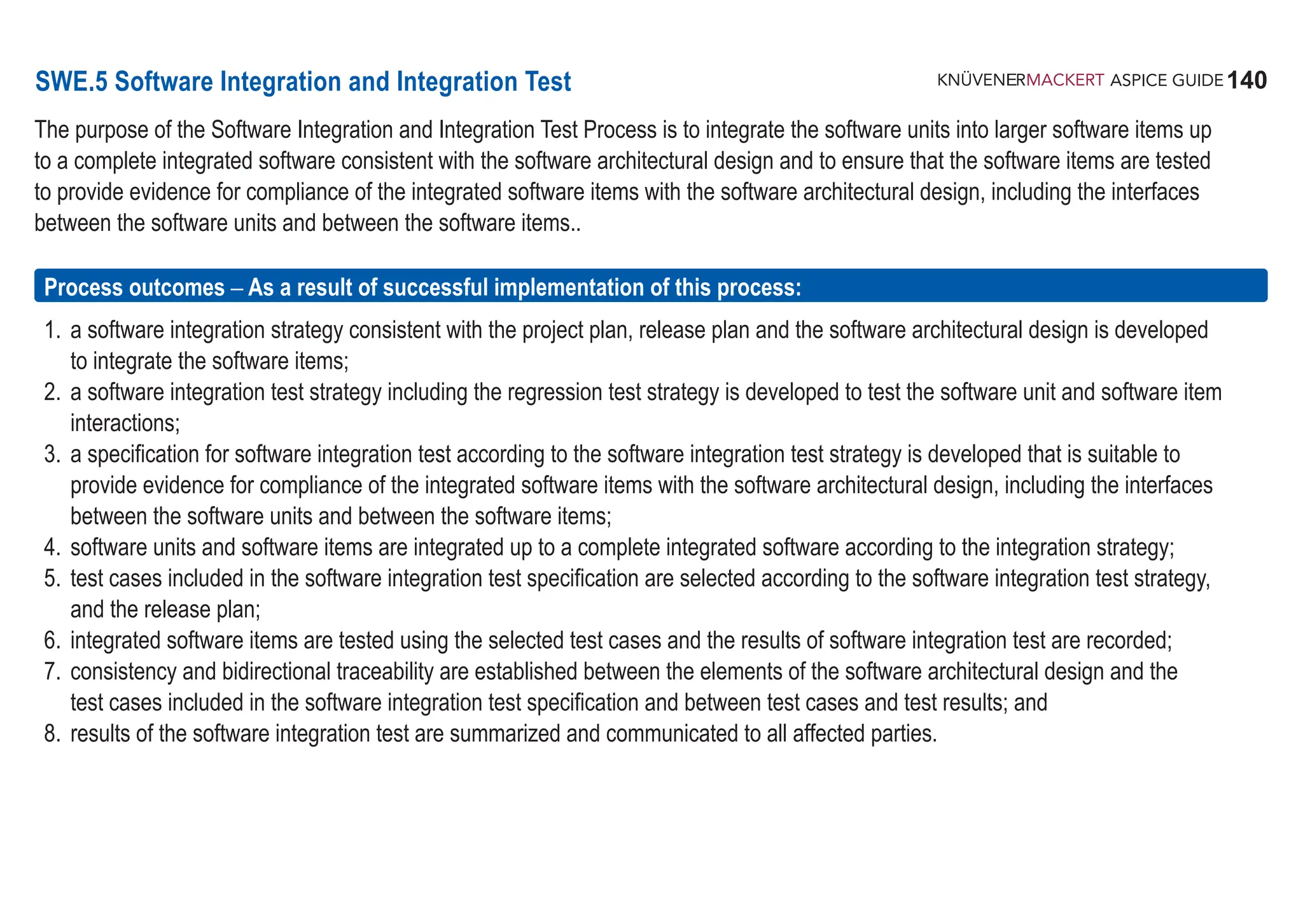 140
ASPICE GUIDE
SWE.5 Software Integration and Integration Test
The purpose of the Software Integration and Integration Test Process is to integrate the software units into larger software items up
to a complete integrated software consistent with the software architectural design and to ensure that the software items are tested
to provide evidence for compliance of the integrated software items with the software architectural design, including the interfaces
between the software units and between the software items..
Process outcomes – As a result of successful implementation of this process:
1. a software integration strategy consistent with the project plan, release plan and the software architectural design is developed
to integrate the software items;
2. a software integration test strategy including the regression test strategy is developed to test the software unit and software item
interactions;
3. a specification for software integration test according to the software integration test strategy is developed that is suitable to
provide evidence for compliance of the integrated software items with the software architectural design, including the interfaces
between the software units and between the software items;
4. software units and software items are integrated up to a complete integrated software according to the integration strategy;
5. test cases included in the software integration test specification are selected according to the software integration test strategy,
and the release plan;
6. integrated software items are tested using the selected test cases and the results of software integration test are recorded;
7. consistency and bidirectional traceability are established between the elements of the software architectural design and the
test cases included in the software integration test specification and between test cases and test results; and
8. results of the software integration test are summarized and communicated to all affected parties.
 