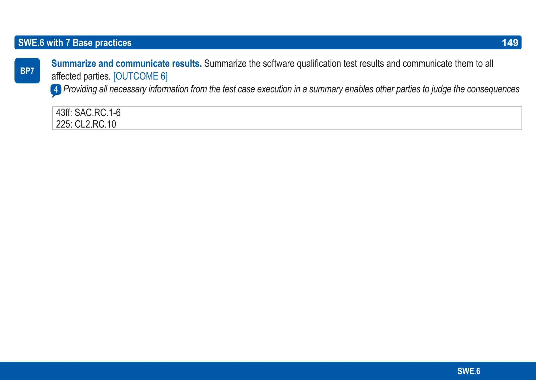149
ASPICE GUIDE
SWE.6
BP7
4
43ff: SAC.RC.1-6
225: CL2.RC.10
SWE.6 with 7 Base practices 149
Summarize and communicate results. Summarize the software qualification test results and communicate them to all
affected parties. [OUTCOME 6]
Providing all necessary information from the test case execution in a summary enables other parties to judge the consequences
 