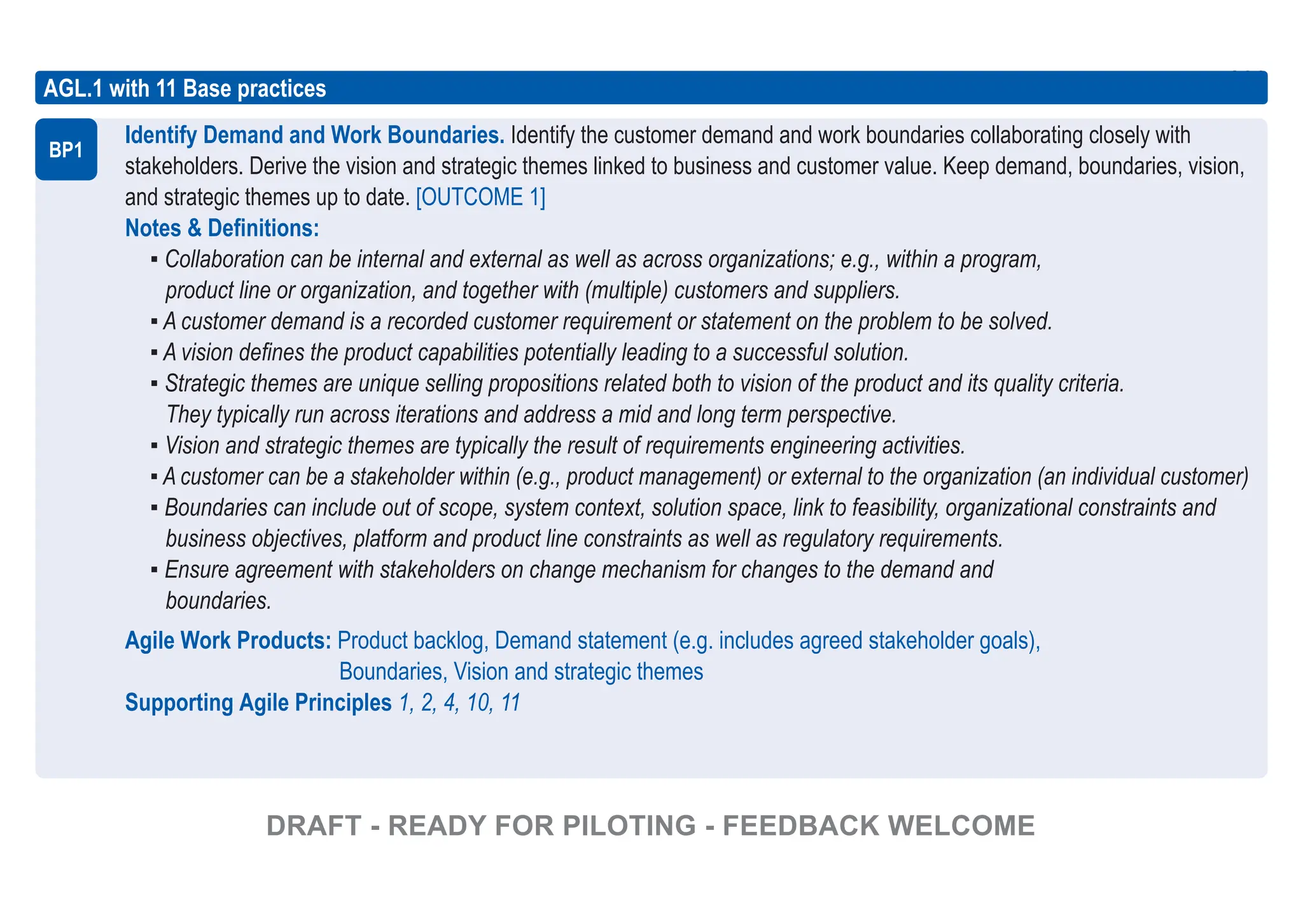 160
ASPICE GUIDE
160
AGL.1 with 11 Base practices
Identify Demand and Work Boundaries. Identify the customer demand and work boundaries collaborating closely with
stakeholders. Derive the vision and strategic themes linked to business and customer value. Keep demand, boundaries, vision,
and strategic themes up to date. [OUTCOME 1]
Notes & Definitions:
▪ Collaboration can be internal and external as well as across organizations; e.g., within a program,
product line or organization, and together with (multiple) customers and suppliers.
▪ A customer demand is a recorded customer requirement or statement on the problem to be solved.
▪ A vision defines the product capabilities potentially leading to a successful solution.
▪ Strategic themes are unique selling propositions related both to vision of the product and its quality criteria.
They typically run across iterations and address a mid and long term perspective.
▪ Vision and strategic themes are typically the result of requirements engineering activities.
▪ A customer can be a stakeholder within (e.g., product management) or external to the organization (an individual customer)
▪ Boundaries can include out of scope, system context, solution space, link to feasibility, organizational constraints and
business objectives, platform and product line constraints as well as regulatory requirements.
▪ Ensure agreement with stakeholders on change mechanism for changes to the demand and
boundaries.
Agile Work Products: Product backlog, Demand statement (e.g. includes agreed stakeholder goals),
Boundaries, Vision and strategic themes
Supporting Agile Principles 1, 2, 4, 10, 11
BP1
DRAFT - READY FOR PILOTING - FEEDBACK WELCOME
 