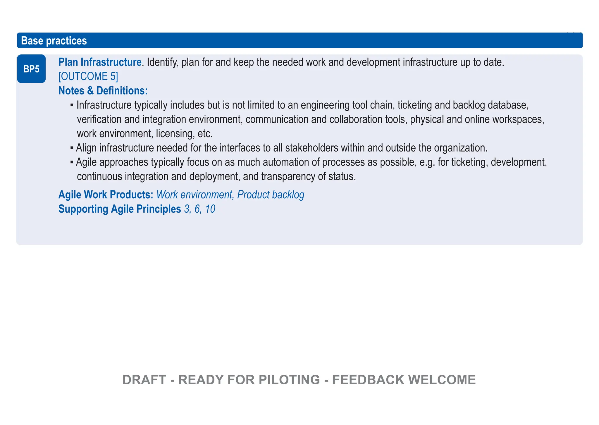164
ASPICE GUIDE
164
Plan Infrastructure. Identify, plan for and keep the needed work and development infrastructure up to date.
[OUTCOME 5]
Notes & Definitions:
▪ Infrastructure typically includes but is not limited to an engineering tool chain, ticketing and backlog database,
verification and integration environment, communication and collaboration tools, physical and online workspaces,
work environment, licensing, etc.
▪ Align infrastructure needed for the interfaces to all stakeholders within and outside the organization.
▪ Agile approaches typically focus on as much automation of processes as possible, e.g. for ticketing, development,
continuous integration and deployment, and transparency of status.
Agile Work Products: Work environment, Product backlog
Supporting Agile Principles 3, 6, 10
Base practices
BP5
DRAFT - READY FOR PILOTING - FEEDBACK WELCOME
 