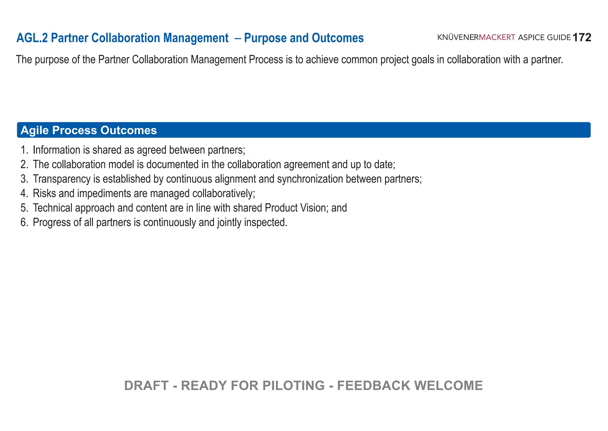 172
ASPICE GUIDE
AGL.2 Partner Collaboration Management – Purpose and Outcomes
The purpose of the Partner Collaboration Management Process is to achieve common project goals in collaboration with a partner.
Agile Process Outcomes
1. Information is shared as agreed between partners;
2. The collaboration model is documented in the collaboration agreement and up to date;
3. Transparency is established by continuous alignment and synchronization between partners;
4. Risks and impediments are managed collaboratively;
5. Technical approach and content are in line with shared Product Vision; and
6. Progress of all partners is continuously and jointly inspected.
DRAFT - READY FOR PILOTING - FEEDBACK WELCOME
 
