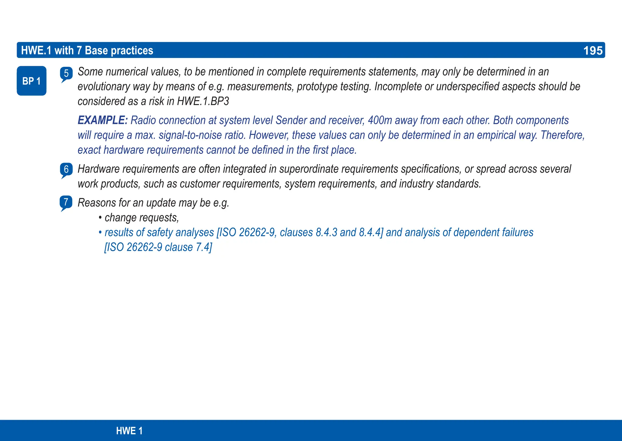 195
ASPICE GUIDE
HWE 1
HWE.1 with 7 Base practices
Some numerical values, to be mentioned in complete requirements statements, may only be determined in an
evolutionary way by means of e.g. measurements, prototype testing. Incomplete or underspecified aspects should be
considered as a risk in HWE.1.BP3
EXAMPLE: Radio connection at system level Sender and receiver, 400m away from each other. Both components
will require a max. signal-to-noise ratio. However, these values can only be determined in an empirical way. Therefore,
exact hardware requirements cannot be defined in the first place.
Hardware requirements are often integrated in superordinate requirements specifications, or spread across several
work products, such as customer requirements, system requirements, and industry standards.
Reasons for an update may be e.g.
• change requests,
• results of safety analyses [ISO 26262-9, clauses 8.4.3 and 8.4.4] and analysis of dependent failures
[ISO 26262-9 clause 7.4]
BP 1
5
6
7
195
 