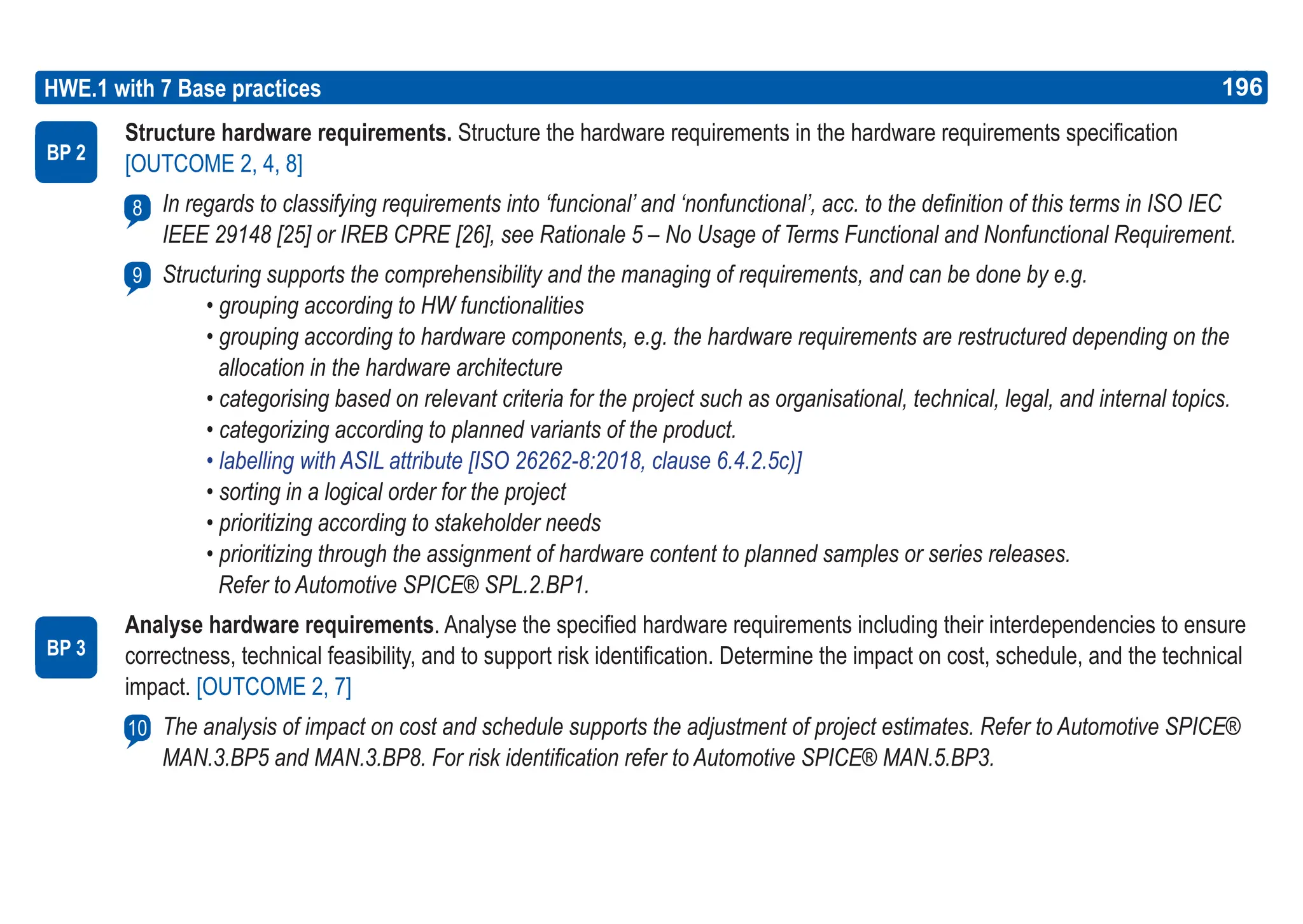 196
ASPICE GUIDE
Structure hardware requirements. Structure the hardware requirements in the hardware requirements specification
[OUTCOME 2, 4, 8]
In regards to classifying requirements into ‘funcional’ and ‘nonfunctional’, acc. to the definition of this terms in ISO IEC
IEEE 29148 [25] or IREB CPRE [26], see Rationale 5 – No Usage of Terms Functional and Nonfunctional Requirement.
Structuring supports the comprehensibility and the managing of requirements, and can be done by e.g.
• grouping according to HW functionalities
• grouping according to hardware components, e.g. the hardware requirements are restructured depending on the
allocation in the hardware architecture
• categorising based on relevant criteria for the project such as organisational, technical, legal, and internal topics.
• categorizing according to planned variants of the product.
• labelling with ASIL attribute [ISO 26262-8:2018, clause 6.4.2.5c)]
• sorting in a logical order for the project
• prioritizing according to stakeholder needs
• prioritizing through the assignment of hardware content to planned samples or series releases.
Refer to Automotive SPICE® SPL.2.BP1.
Analyse hardware requirements. Analyse the specified hardware requirements including their interdependencies to ensure
correctness, technical feasibility, and to support risk identification. Determine the impact on cost, schedule, and the technical
impact. [OUTCOME 2, 7]
The analysis of impact on cost and schedule supports the adjustment of project estimates. Refer to Automotive SPICE®
MAN.3.BP5 and MAN.3.BP8. For risk identification refer to Automotive SPICE® MAN.5.BP3.
HWE.1 with 7 Base practices
BP 2
BP 3
196
8
9
10
 