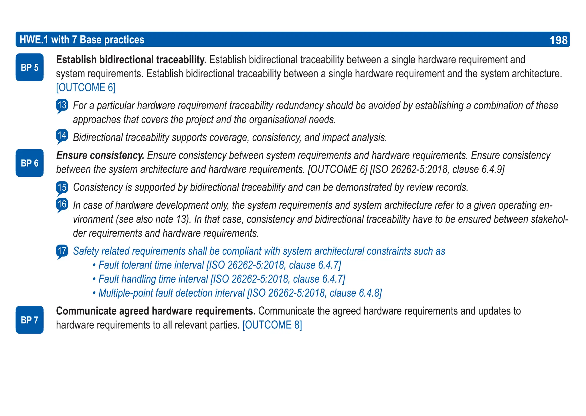 198
ASPICE GUIDE
Establish bidirectional traceability. Establish bidirectional traceability between a single hardware requirement and
system requirements. Establish bidirectional traceability between a single hardware requirement and the system architecture.
[OUTCOME 6]
For a particular hardware requirement traceability redundancy should be avoided by establishing a combination of these
approaches that covers the project and the organisational needs.
Bidirectional traceability supports coverage, consistency, and impact analysis.
Ensure consistency. Ensure consistency between system requirements and hardware requirements. Ensure consistency
between the system architecture and hardware requirements. [OUTCOME 6] [ISO 26262-5:2018, clause 6.4.9]
Consistency is supported by bidirectional traceability and can be demonstrated by review records.
In case of hardware development only, the system requirements and system architecture refer to a given operating en-
vironment (see also note 13). In that case, consistency and bidirectional traceability have to be ensured between stakehol-
der requirements and hardware requirements.
Safety related requirements shall be compliant with system architectural constraints such as
• Fault tolerant time interval [ISO 26262-5:2018, clause 6.4.7]
• Fault handling time interval [ISO 26262-5:2018, clause 6.4.7]
• Multiple-point fault detection interval [ISO 26262-5:2018, clause 6.4.8]
Communicate agreed hardware requirements. Communicate the agreed hardware requirements and updates to
hardware requirements to all relevant parties. [OUTCOME 8]
HWE.1 with 7 Base practices
BP 5
14
BP 7
13
15
16
17
198
BP 6
 