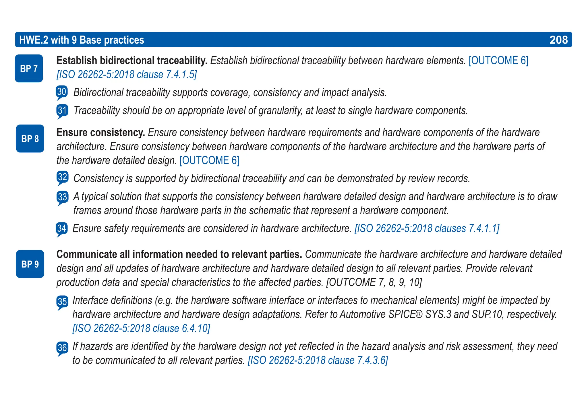 208
ASPICE GUIDE
Establish bidirectional traceability. Establish bidirectional traceability between hardware elements. [OUTCOME 6]
[ISO 26262-5:2018 clause 7.4.1.5]
Bidirectional traceability supports coverage, consistency and impact analysis.
Traceability should be on appropriate level of granularity, at least to single hardware components.
Ensure consistency. Ensure consistency between hardware requirements and hardware components of the hardware
architecture. Ensure consistency between hardware components of the hardware architecture and the hardware parts of
the hardware detailed design. [OUTCOME 6]
Consistency is supported by bidirectional traceability and can be demonstrated by review records.
A typical solution that supports the consistency between hardware detailed design and hardware architecture is to draw
frames around those hardware parts in the schematic that represent a hardware component.
Ensure safety requirements are considered in hardware architecture. [ISO 26262-5:2018 clauses 7.4.1.1]
Communicate all information needed to relevant parties. Communicate the hardware architecture and hardware detailed
design and all updates of hardware architecture and hardware detailed design to all relevant parties. Provide relevant
production data and special characteristics to the affected parties. [OUTCOME 7, 8, 9, 10]
Interface definitions (e.g. the hardware software interface or interfaces to mechanical elements) might be impacted by
hardware architecture and hardware design adaptations. Refer to Automotive SPICE® SYS.3 and SUP.10, respectively.
[ISO 26262-5:2018 clause 6.4.10]
If hazards are identified by the hardware design not yet reflected in the hazard analysis and risk assessment, they need
to be communicated to all relevant parties. [ISO 26262-5:2018 clause 7.4.3.6]
BP 8
HWE.2 with 9 Base practices 208
BP 7
31
BP 9
32
33
34
30
35
36
 