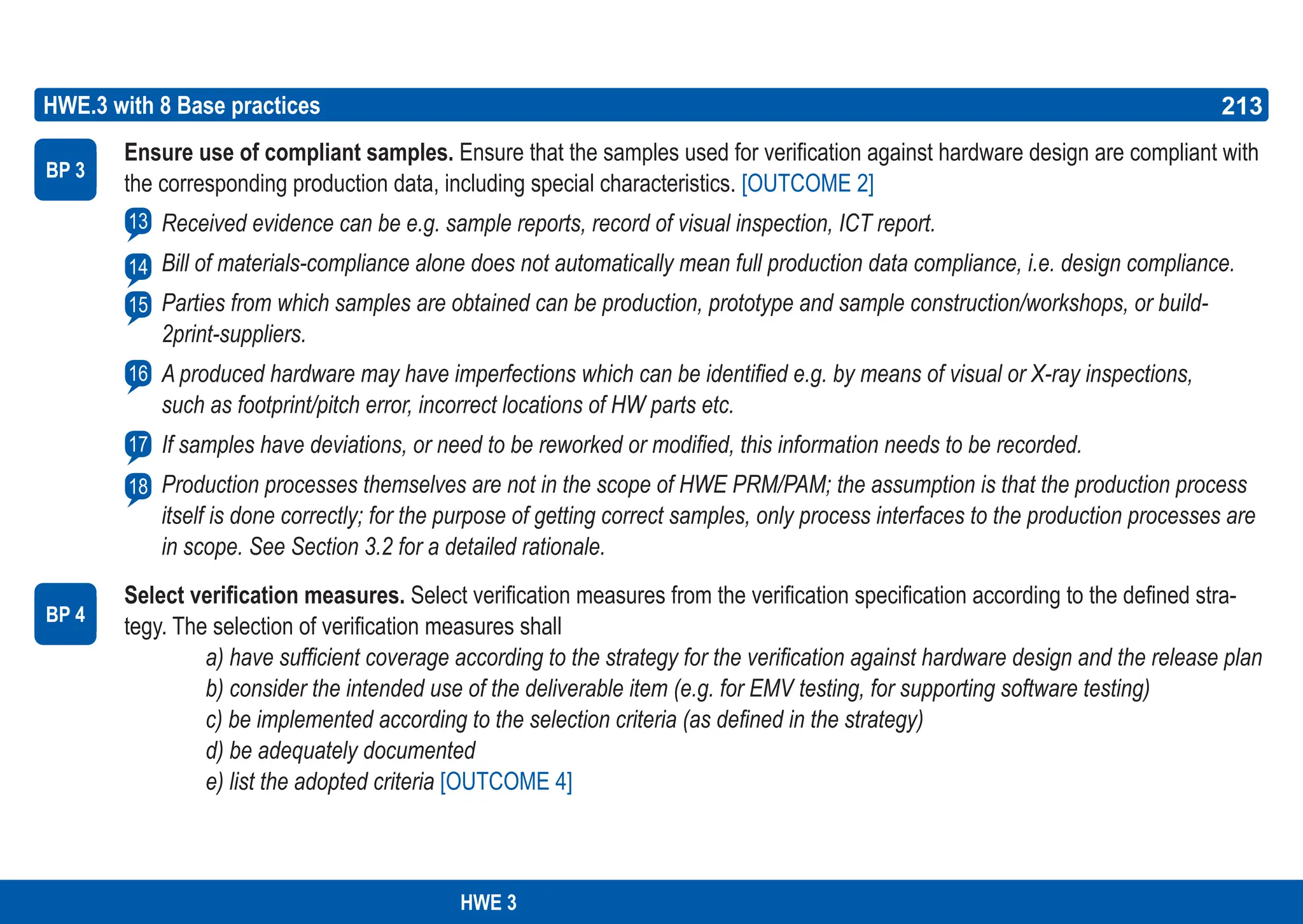 213
ASPICE GUIDE
HWE.3 with 8 Base practices
Ensure use of compliant samples. Ensure that the samples used for verification against hardware design are compliant with
the corresponding production data, including special characteristics. [OUTCOME 2]
Received evidence can be e.g. sample reports, record of visual inspection, ICT report.
Bill of materials-compliance alone does not automatically mean full production data compliance, i.e. design compliance.
Parties from which samples are obtained can be production, prototype and sample construction/workshops, or build-
2print-suppliers.
A produced hardware may have imperfections which can be identified e.g. by means of visual or X-ray inspections,
such as footprint/pitch error, incorrect locations of HW parts etc.
If samples have deviations, or need to be reworked or modified, this information needs to be recorded.
Production processes themselves are not in the scope of HWE PRM/PAM; the assumption is that the production process
itself is done correctly; for the purpose of getting correct samples, only process interfaces to the production processes are
in scope. See Section 3.2 for a detailed rationale.
Select verification measures. Select verification measures from the verification specification according to the defined stra-
tegy. The selection of verification measures shall
a) have sufficient coverage according to the strategy for the verification against hardware design and the release plan
b) consider the intended use of the deliverable item (e.g. for EMV testing, for supporting software testing)
c) be implemented according to the selection criteria (as defined in the strategy)
d) be adequately documented
e) list the adopted criteria [OUTCOME 4]
BP 3
13
BP 4
14
15
16
17
18
213
HWE 3
 