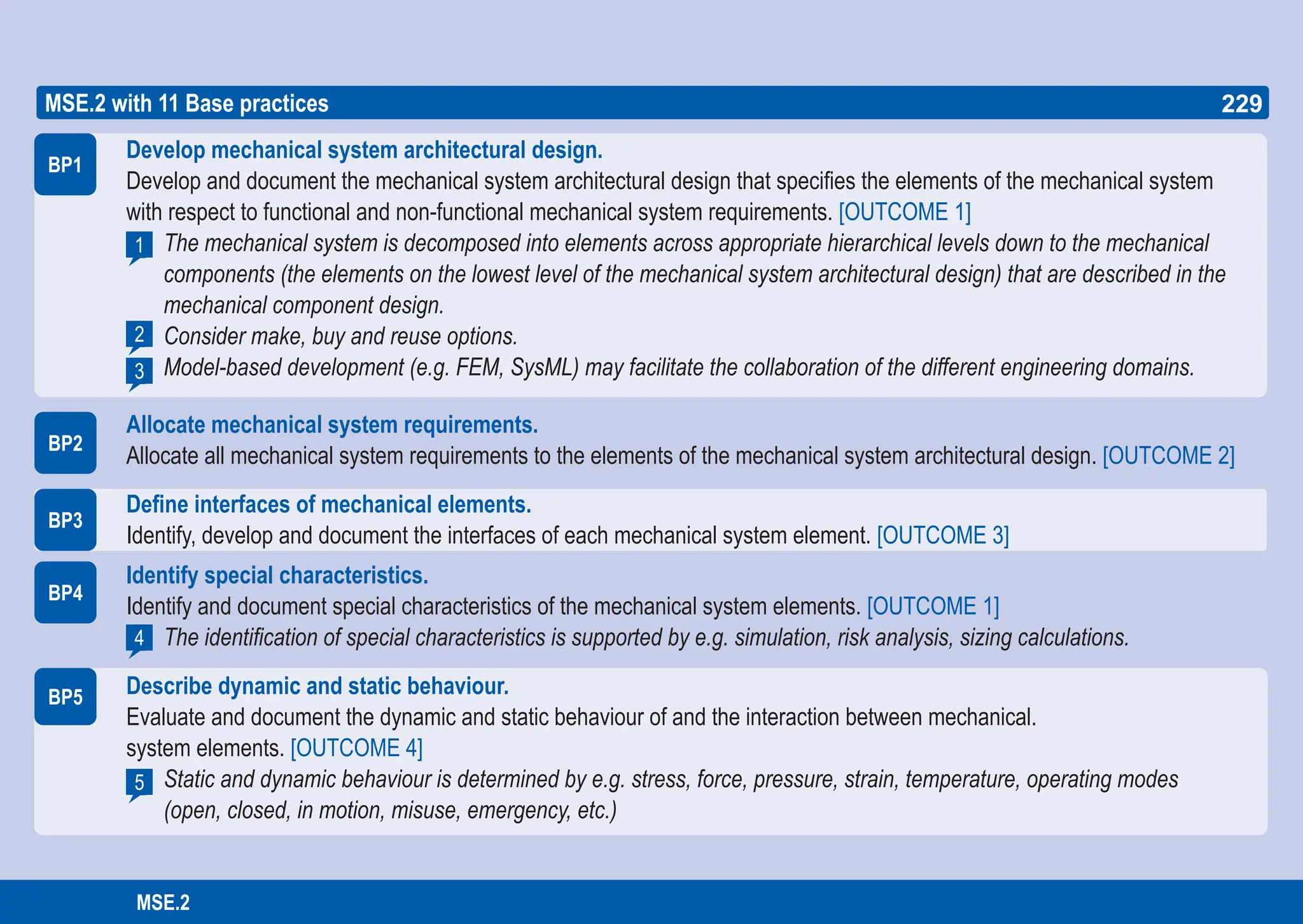 229
ASPICE GUIDE
BP1
1
BP2
MSE.2 with 11 Base practices
BP3
2
3
4
BP4
Develop mechanical system architectural design.
Develop and document the mechanical system architectural design that specifies the elements of the mechanical system
with respect to functional and non-functional mechanical system requirements. [OUTCOME 1]
The mechanical system is decomposed into elements across appropriate hierarchical levels down to the mechanical
components (the elements on the lowest level of the mechanical system architectural design) that are described in the
mechanical component design.
Consider make, buy and reuse options.
Model-based development (e.g. FEM, SysML) may facilitate the collaboration of the different engineering domains.
Allocate mechanical system requirements.
Allocate all mechanical system requirements to the elements of the mechanical system architectural design. [OUTCOME 2]
Define interfaces of mechanical elements.
Identify, develop and document the interfaces of each mechanical system element. [OUTCOME 3]
Identify special characteristics.
Identify and document special characteristics of the mechanical system elements. [OUTCOME 1]
The identification of special characteristics is supported by e.g. simulation, risk analysis, sizing calculations.
Describe dynamic and static behaviour.
Evaluate and document the dynamic and static behaviour of and the interaction between mechanical.
system elements. [OUTCOME 4]
Static and dynamic behaviour is determined by e.g. stress, force, pressure, strain, temperature, operating modes
(open, closed, in motion, misuse, emergency, etc.)
BP5
5
229
MSE.2
 