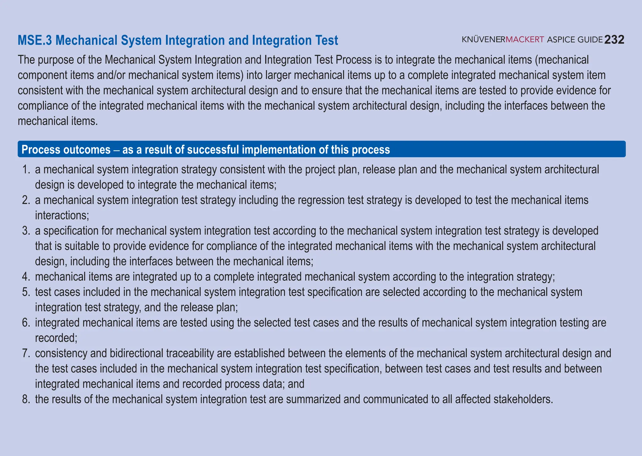 232
ASPICE GUIDE
MSE.3 Mechanical System Integration and Integration Test
The purpose of the Mechanical System Integration and Integration Test Process is to integrate the mechanical items (mechanical
component items and/or mechanical system items) into larger mechanical items up to a complete integrated mechanical system item
consistent with the mechanical system architectural design and to ensure that the mechanical items are tested to provide evidence for
compliance of the integrated mechanical items with the mechanical system architectural design, including the interfaces between the
mechanical items.
1. a mechanical system integration strategy consistent with the project plan, release plan and the mechanical system architectural
design is developed to integrate the mechanical items;
2. a mechanical system integration test strategy including the regression test strategy is developed to test the mechanical items
interactions;
3. a specification for mechanical system integration test according to the mechanical system integration test strategy is developed
that is suitable to provide evidence for compliance of the integrated mechanical items with the mechanical system architectural
design, including the interfaces between the mechanical items;
4. mechanical items are integrated up to a complete integrated mechanical system according to the integration strategy;
5. test cases included in the mechanical system integration test specification are selected according to the mechanical system
integration test strategy, and the release plan;
6. integrated mechanical items are tested using the selected test cases and the results of mechanical system integration testing are
recorded;
7. consistency and bidirectional traceability are established between the elements of the mechanical system architectural design and
the test cases included in the mechanical system integration test specification, between test cases and test results and between
integrated mechanical items and recorded process data; and
8. the results of the mechanical system integration test are summarized and communicated to all affected stakeholders.
Process outcomes – as a result of successful implementation of this process
 