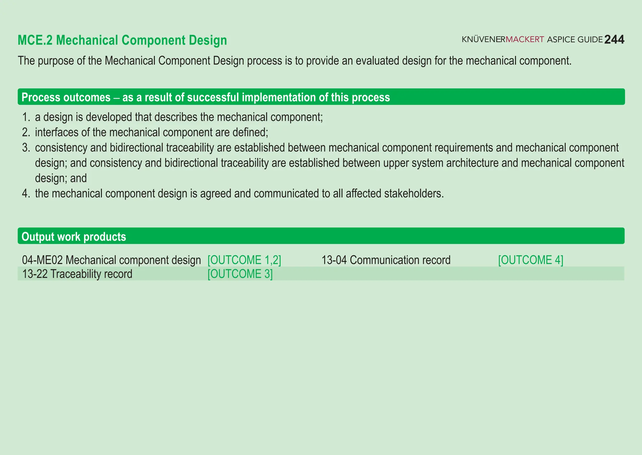 244
ASPICE GUIDE
MCE.2 Mechanical Component Design
The purpose of the Mechanical Component Design process is to provide an evaluated design for the mechanical component.
1. a design is developed that describes the mechanical component;
2. interfaces of the mechanical component are defined;
3. consistency and bidirectional traceability are established between mechanical component requirements and mechanical component
design; and consistency and bidirectional traceability are established between upper system architecture and mechanical component
design; and
4. the mechanical component design is agreed and communicated to all affected stakeholders.
Output work products
Process outcomes – as a result of successful implementation of this process
04-ME02 Mechanical component design [OUTCOME 1,2] 13-04 Communication record [OUTCOME 4]
13-22 Traceability record [OUTCOME 3]
 